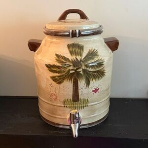 Hand-Painted Ceramic Beverage Dispenser with Palm Motif